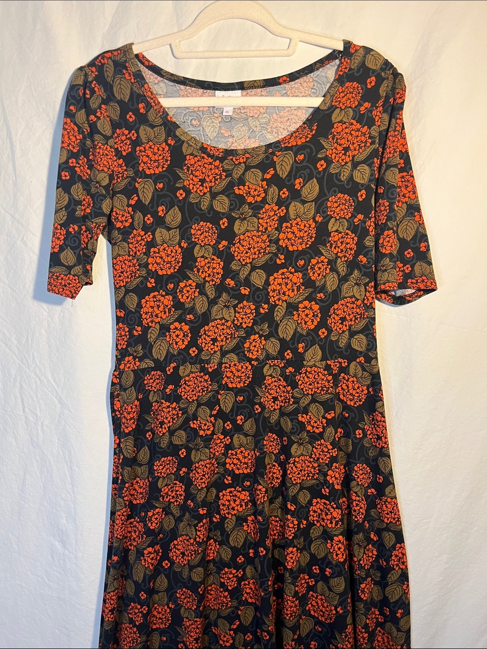 LuLaRoe Floral Scoop Neck Dress in Black with Orange Blooms XL